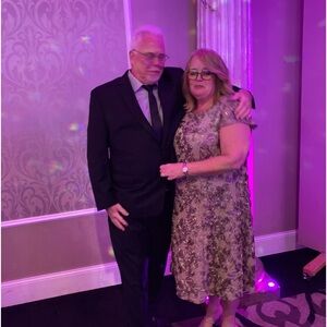 David’s Bridal toffee colored formal dress with a shimmer and rose designs